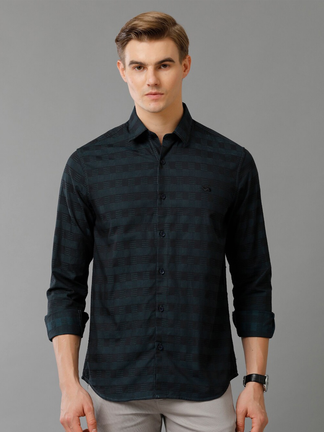 

ADRO Standard Slim Fit Checked Cotton Casual Shirt, Navy blue