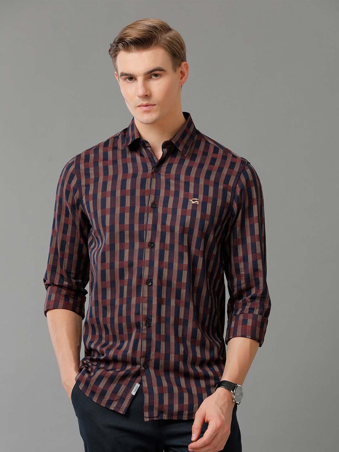 

ADRO Standard Slim Fit Checked Cotton Casual Shirt, Maroon