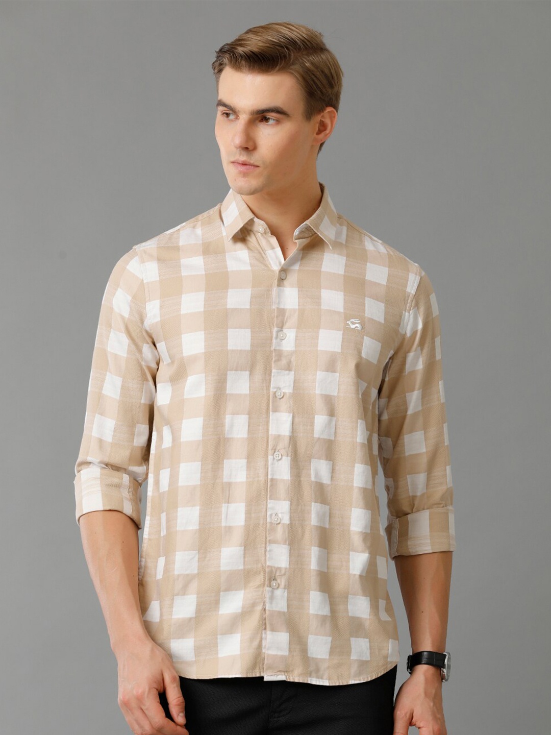 

ADRO Standard Slim Fit Checked Cotton Casual Shirt, Beige