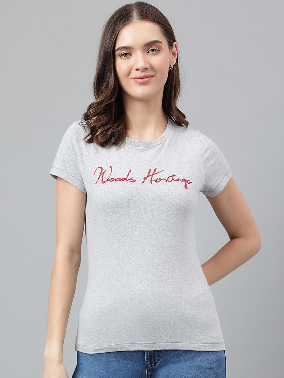 

Woods Typography Printed Pure Cotton Casual T-Shirt, Grey