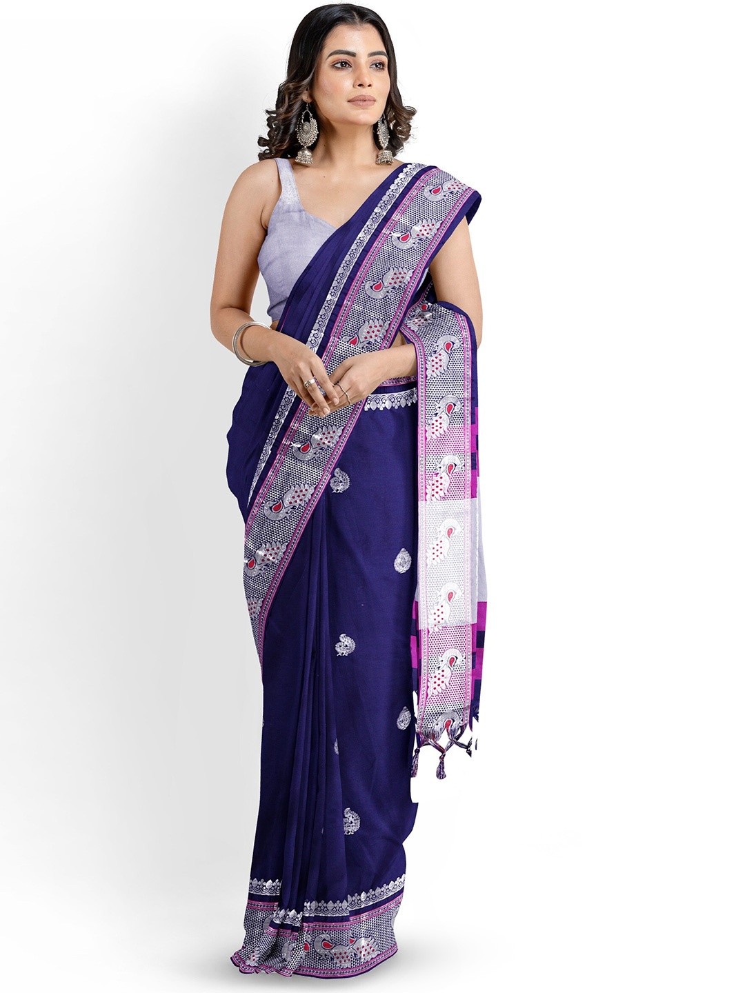 

Mitera Navy Blue & Pink Ethnic Motifs Woven Design Zari Silk Cotton Paithani Saree