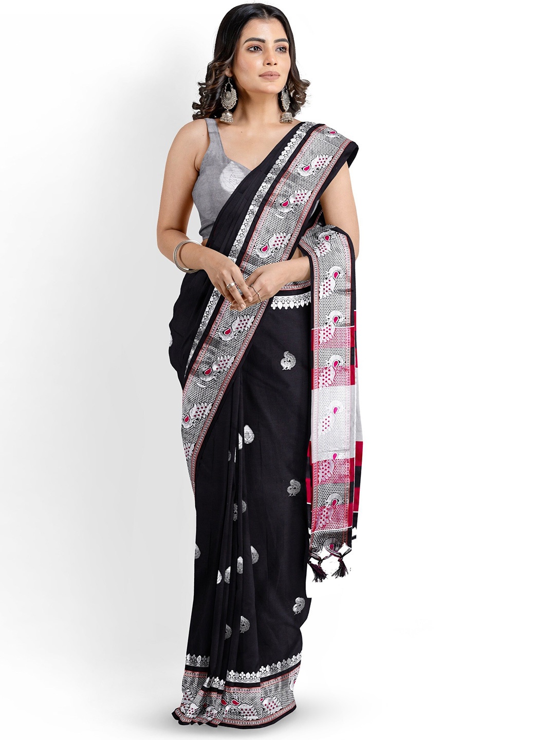 

Mitera Black & Red Ethnic Motifs Woven Design Zari Silk Cotton Paithani Saree