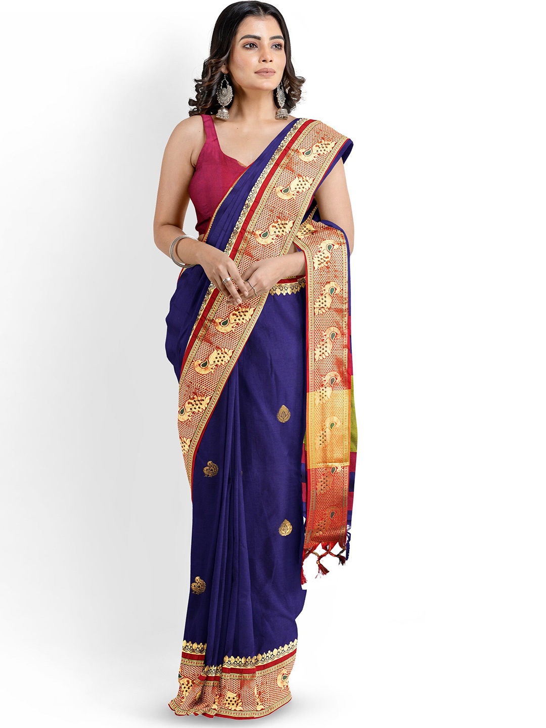 

Mitera Woven Design Zari Silk Cotton Paithani Saree, Navy blue