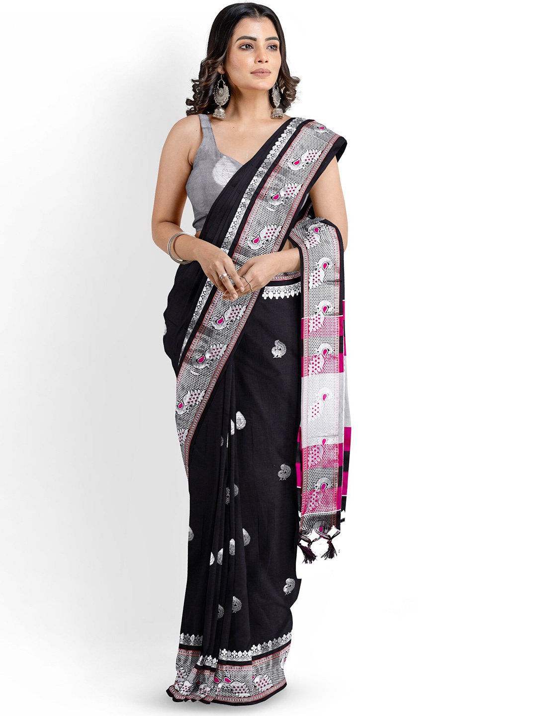 

Mitera Woven Design Zari Silk Cotton Paithani Saree, Black