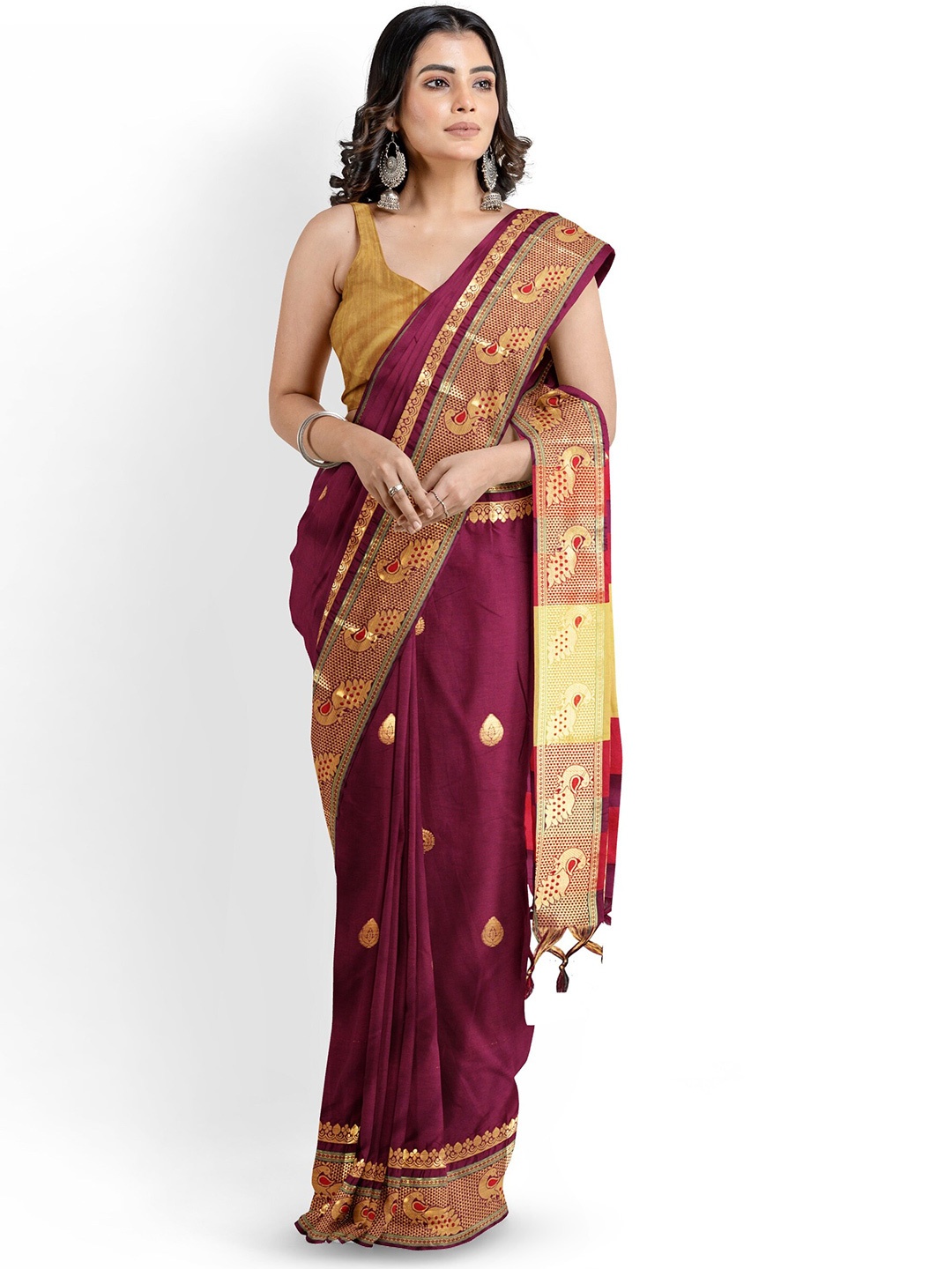 

Mitera Woven Design Zari Silk Cotton Paithani Saree, Maroon