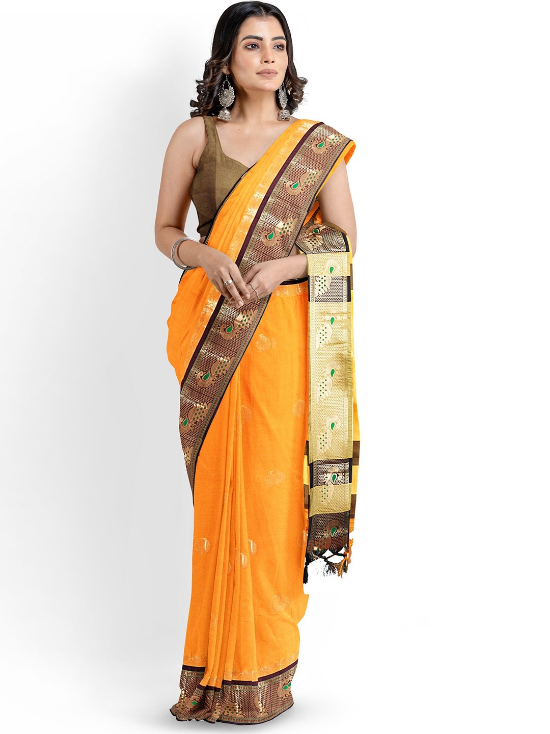 

Mitera Woven Design Zari Silk Cotton Paithani Saree, Yellow