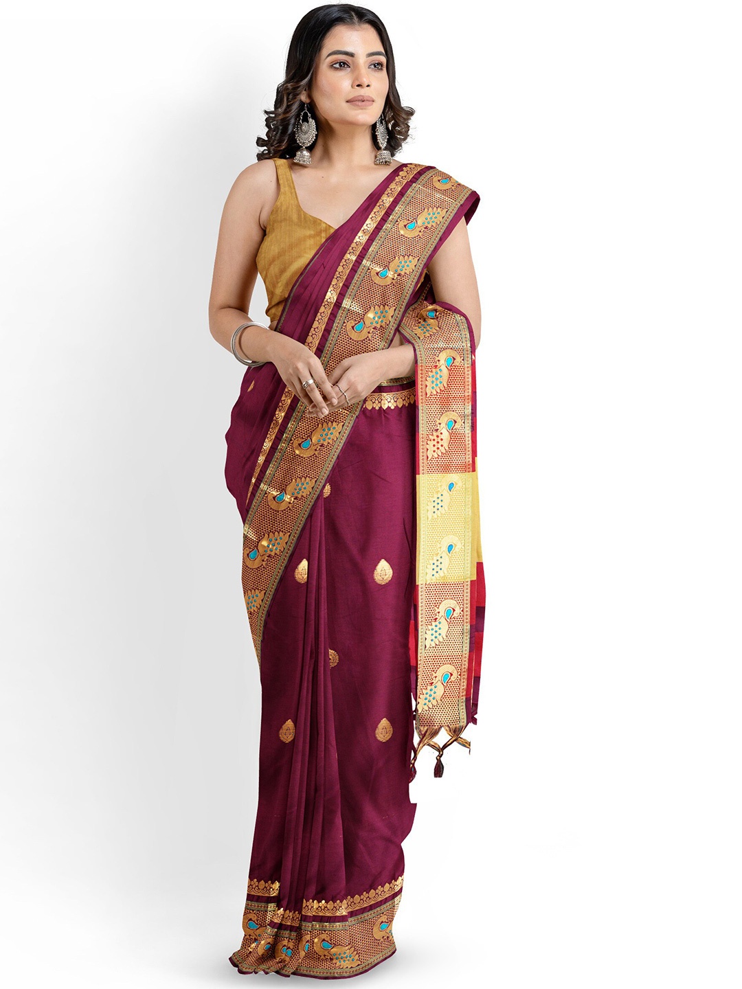 

Mitera Woven Design Zari Silk Cotton Paithani Saree, Maroon