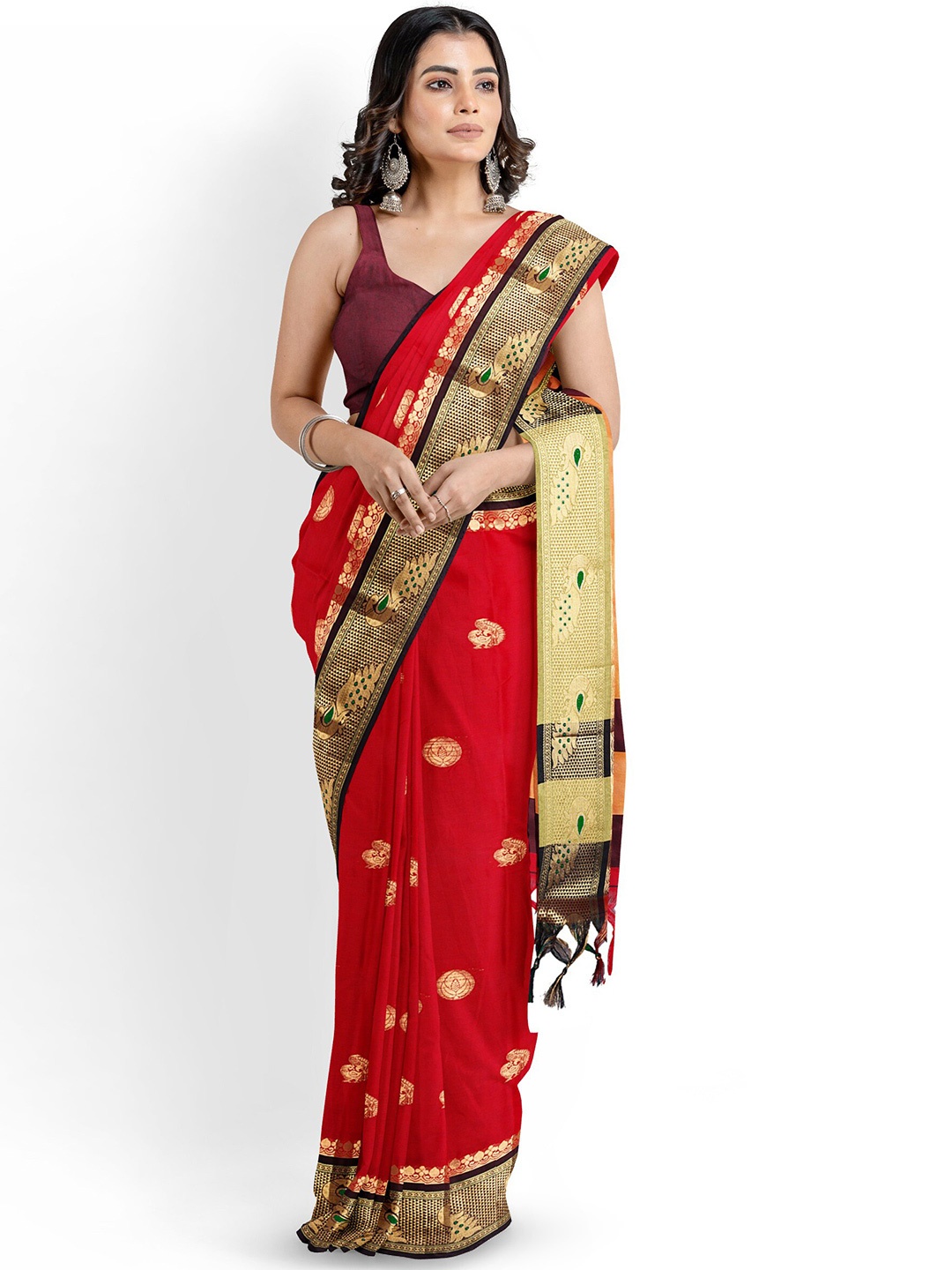 

Mitera Woven Design Zari Silk Cotton Paithani Saree, Red