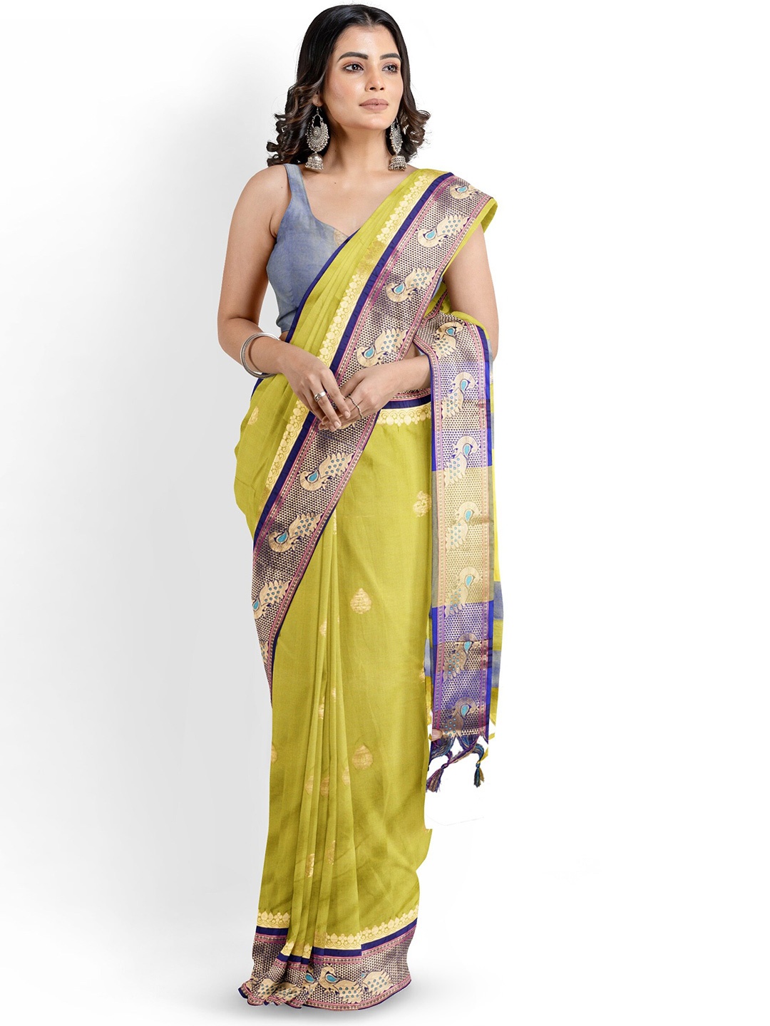 

Mitera Woven Design Zari Silk Cotton Paithani Saree, Green