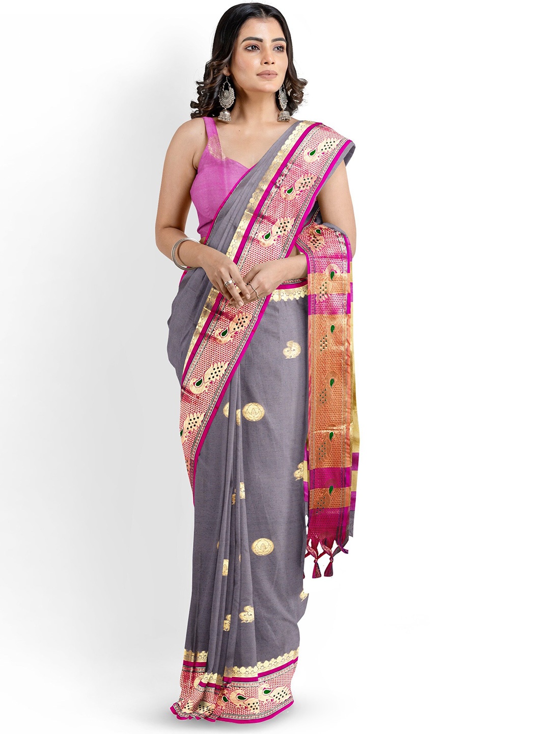 

Mitera Woven Design Zari Silk Cotton Paithani Saree, Grey