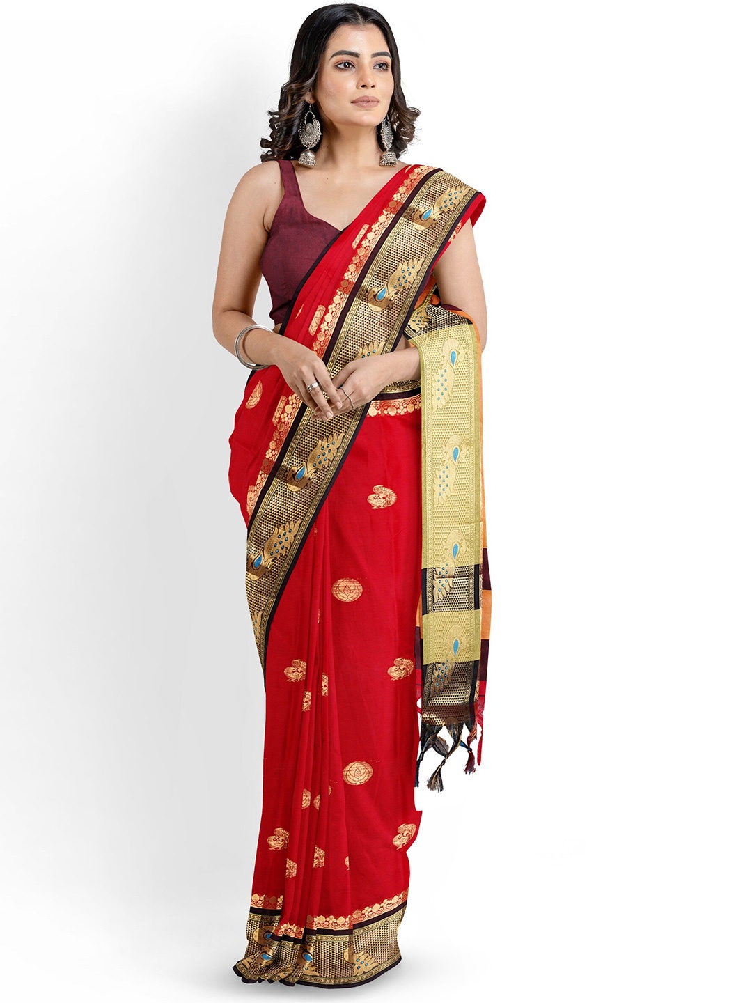 

Mitera Woven Design Zari Silk Cotton Paithani Saree, Red