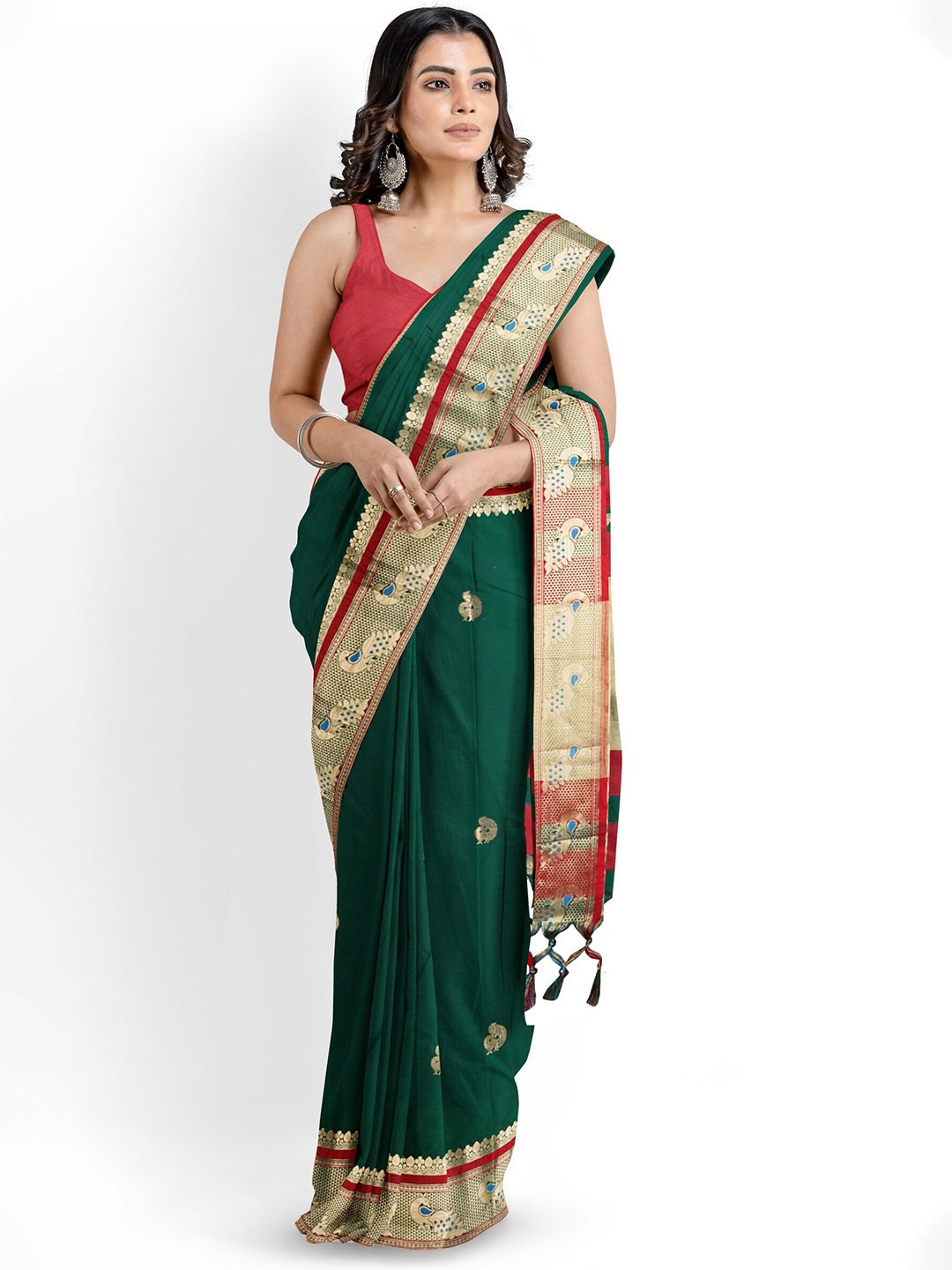 

Mitera Woven Design Zari Silk Cotton Paithani Saree, Green