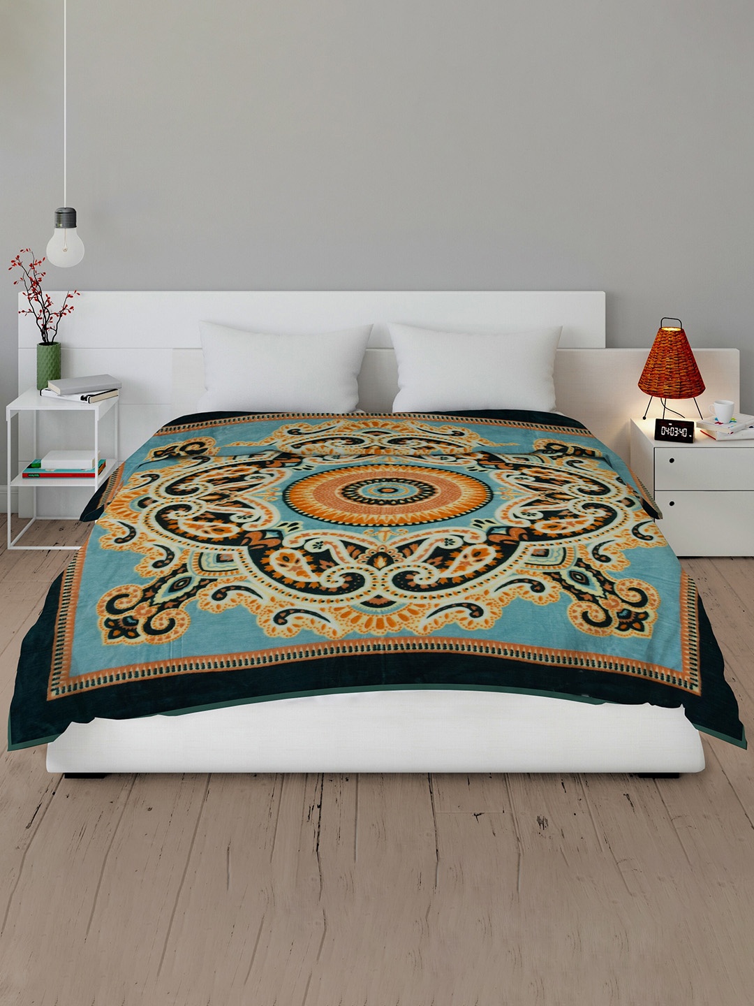 

Spangle Blue & Orange Ethnic Motifs Mink Heavy Winter 450 GSM Double Bed Blanket