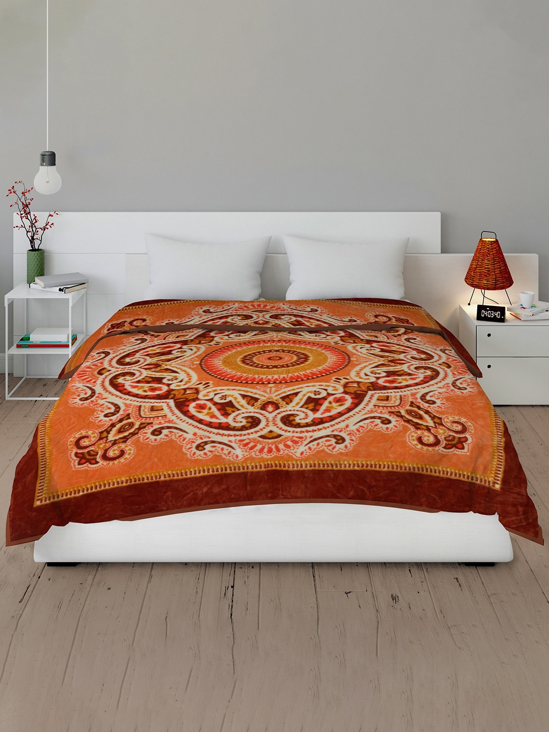 

Spangle Orange & White Ethnic Motifs Mink Heavy Winter 450 GSM Double Bed Blanket