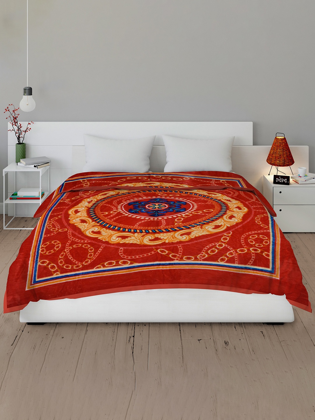 

Spangle Red & Yellow Ethnic Motifs Mink Heavy Winter 450 GSM Double Bed Blanket