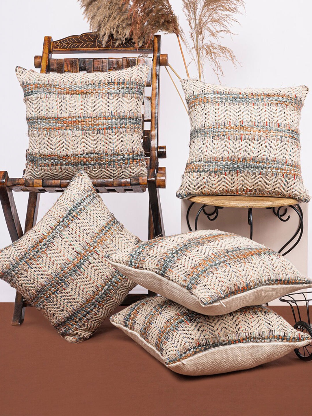 

ANWYN Cream & Blue 5 Pieces Abstract Jacquard Square Cushion Covers