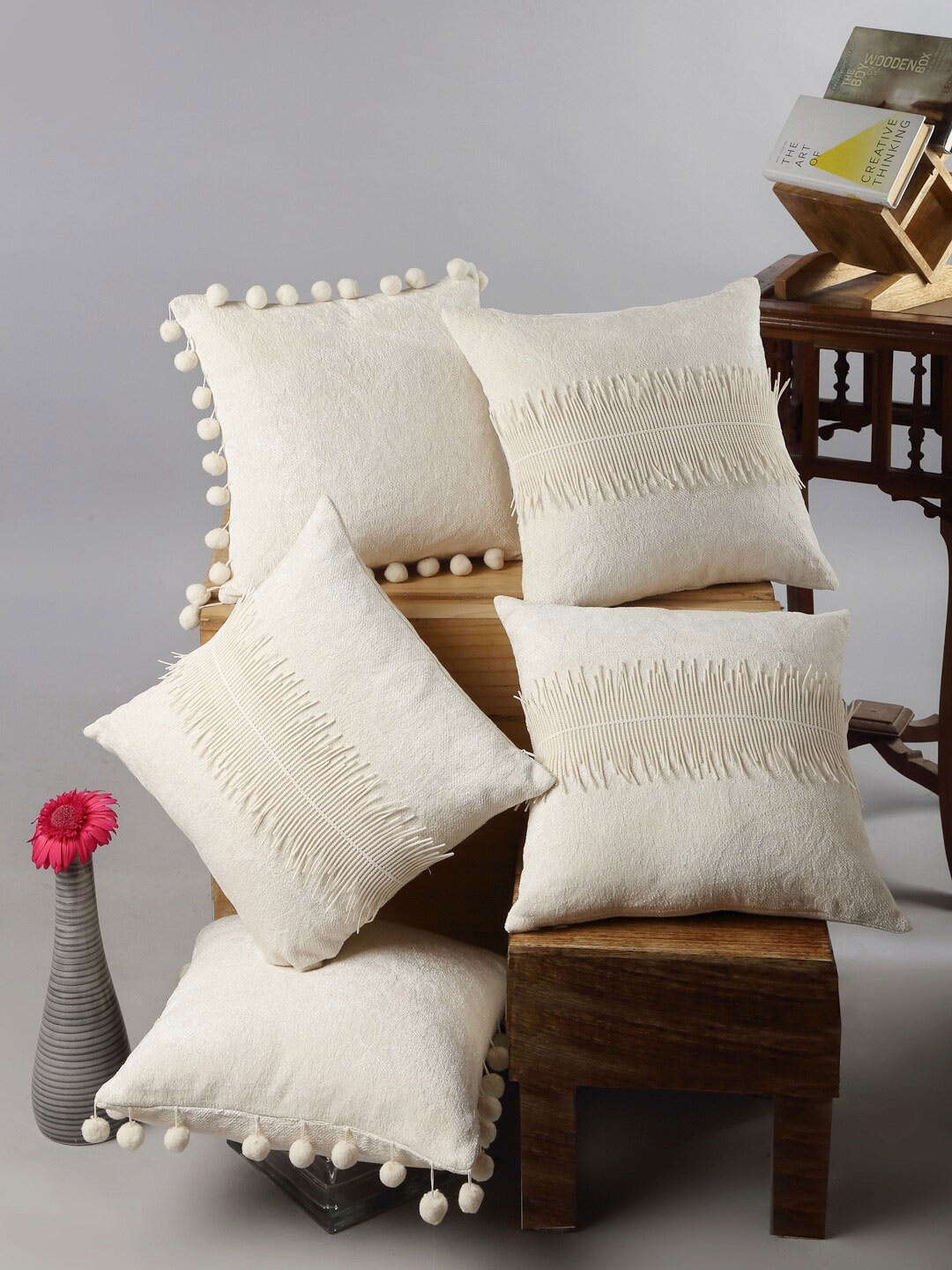 

ANWYN Off White 5 Pieces Cotton Square Cushion Covers