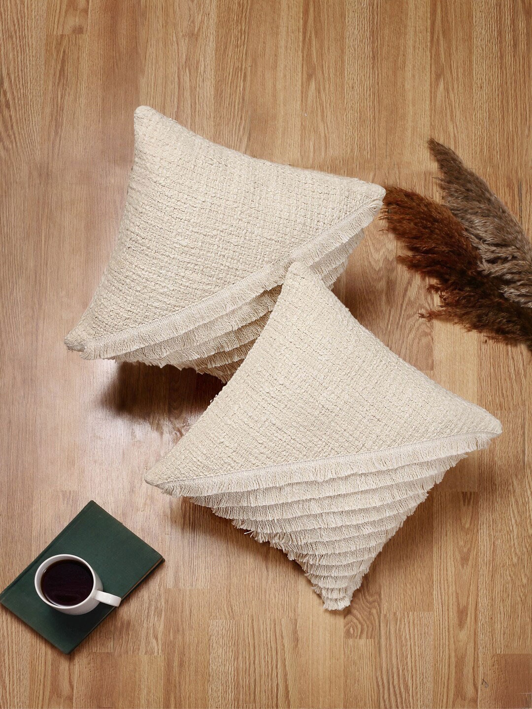 

ANWYN Off White 2 Pieces Embellished Cotton Square Cushion Covers
