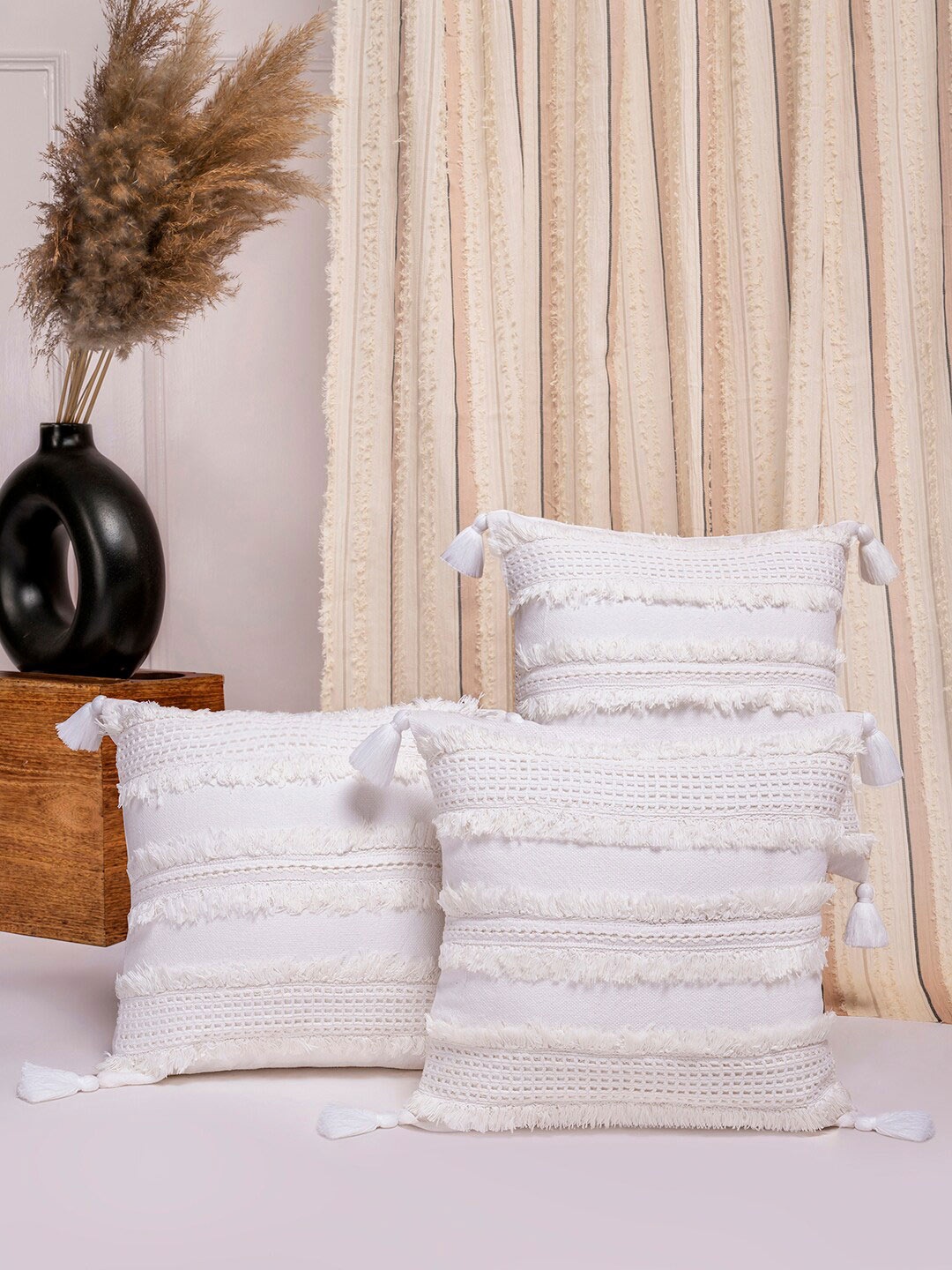 

ANWYN White 3 Pieces Embellished Cotton Square Cushion Covers