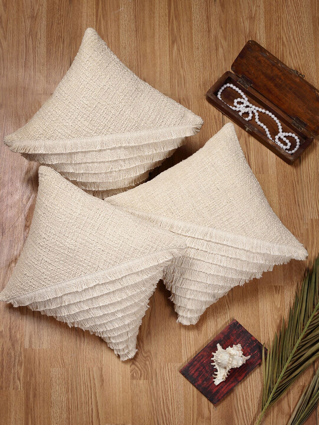 

ANWYN Off White 3 Pieces Self Design Cotton Square Cushion Covers