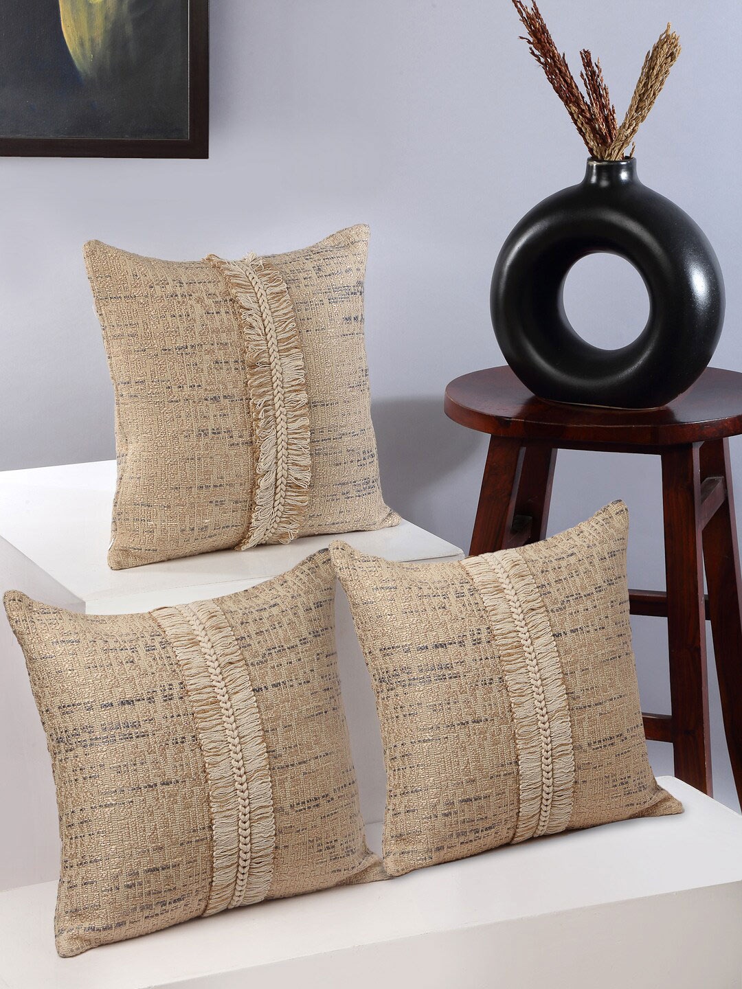 

ANWYN Brown & Grey 3 Pieces Self Design Cotton Square Cushion Covers