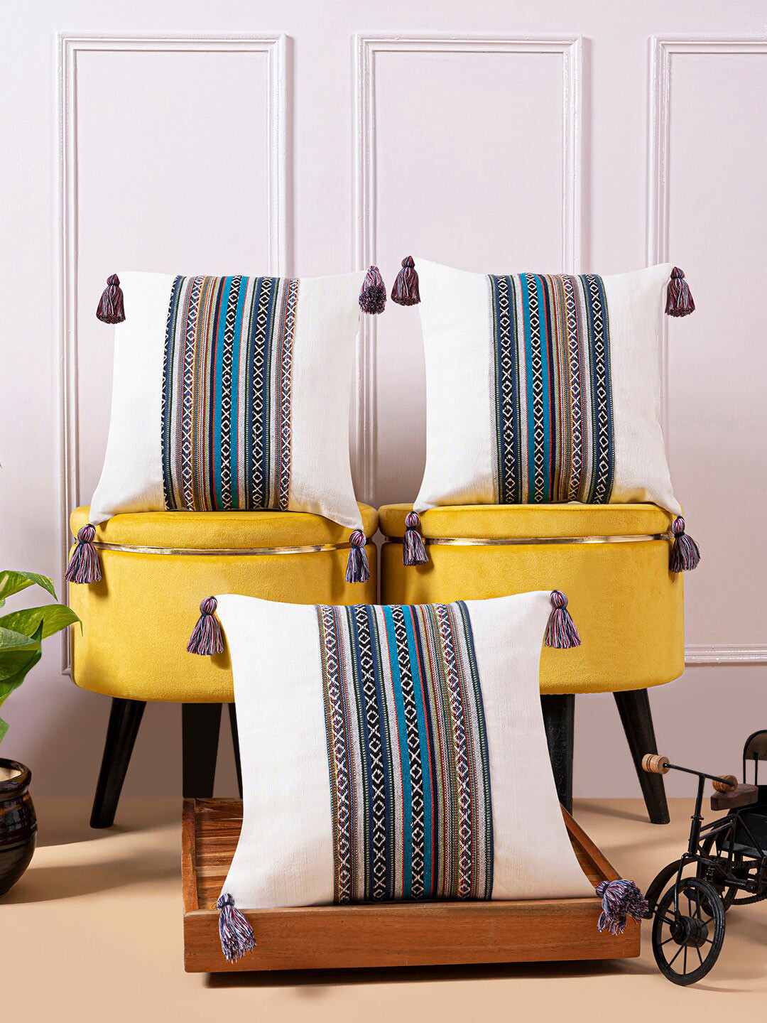 

ANWYN White & Blue 3 Pieces Striped Jacquard Square Cushion Covers