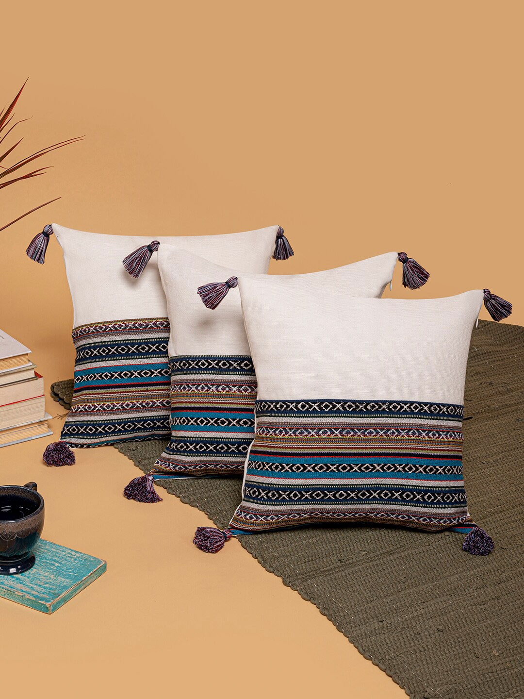 

ANWYN White & Blue 3 Pieces Striped Jacquard Square Cushion Covers
