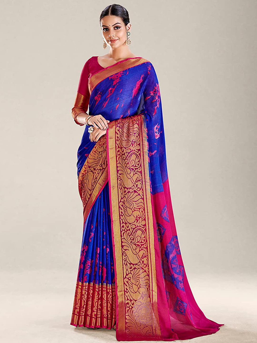 

Mitera Navy Blue & Red Abstract Printed Pure Chiffon Saree