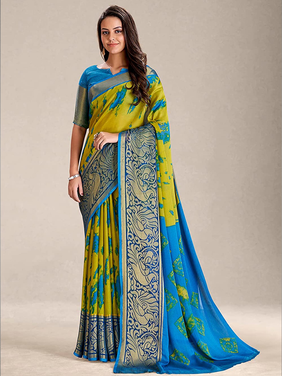 

Mitera Green & Blue Abstract Printed Pure Chiffon Saree