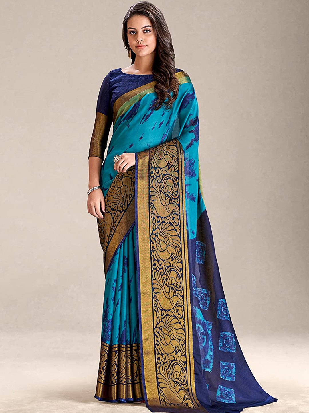 

Mitera Green & Navy Blue Abstract Printed Pure Chiffon Saree