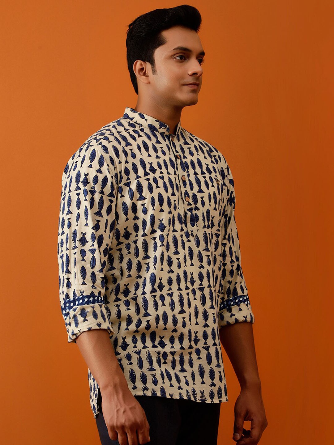 

Streaks & Crosses Ethnic Motifs Printed Mandarin Collar Regular Cotton Kurta, Beige