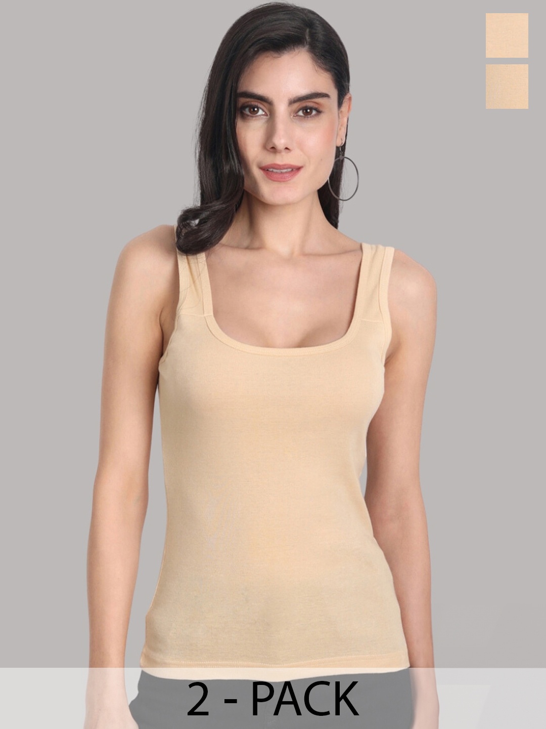 

Aimly Pack Of 2 Square Neck Sleeveless Cotton Camisoles, Beige