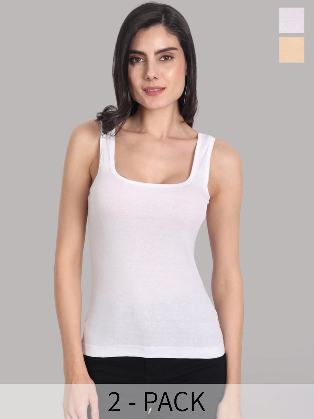 

Aimly Pack Of 2 Square Neck Sleeveless Cotton Camisoles, White