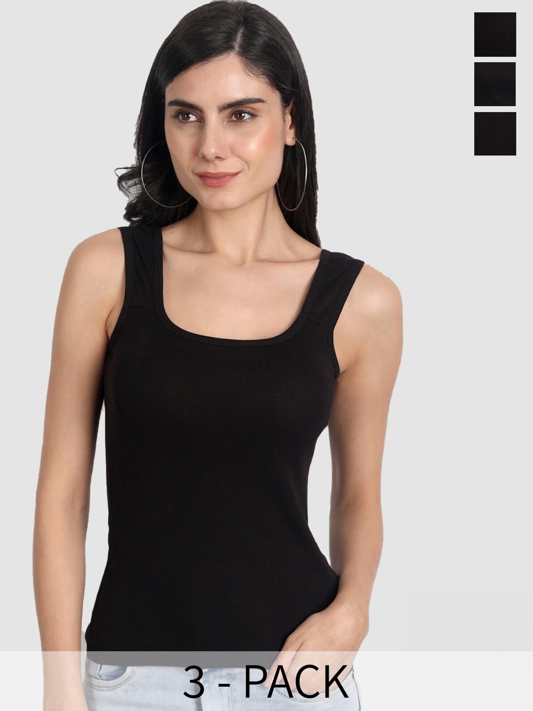 

Aimly Pack Of 3 Square Neck Sleeveless Cotton Camisoles, Black