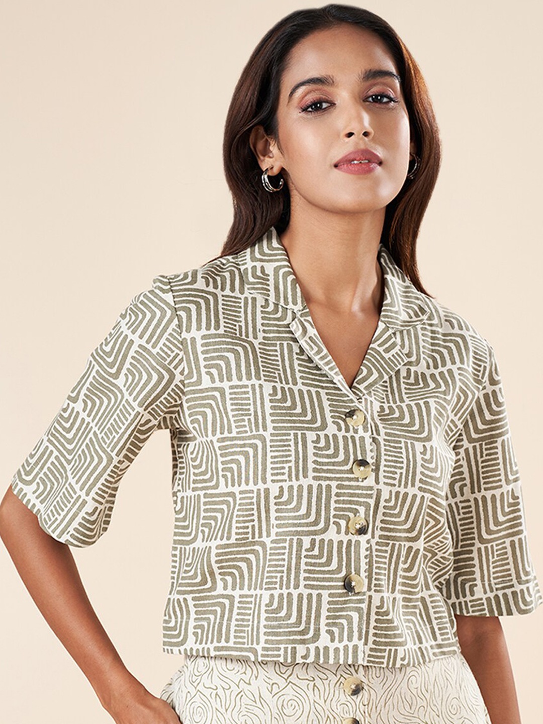 

AKKRITI BY PANTALOONS Geometric Printed Cotton Shirt Style Top, Beige