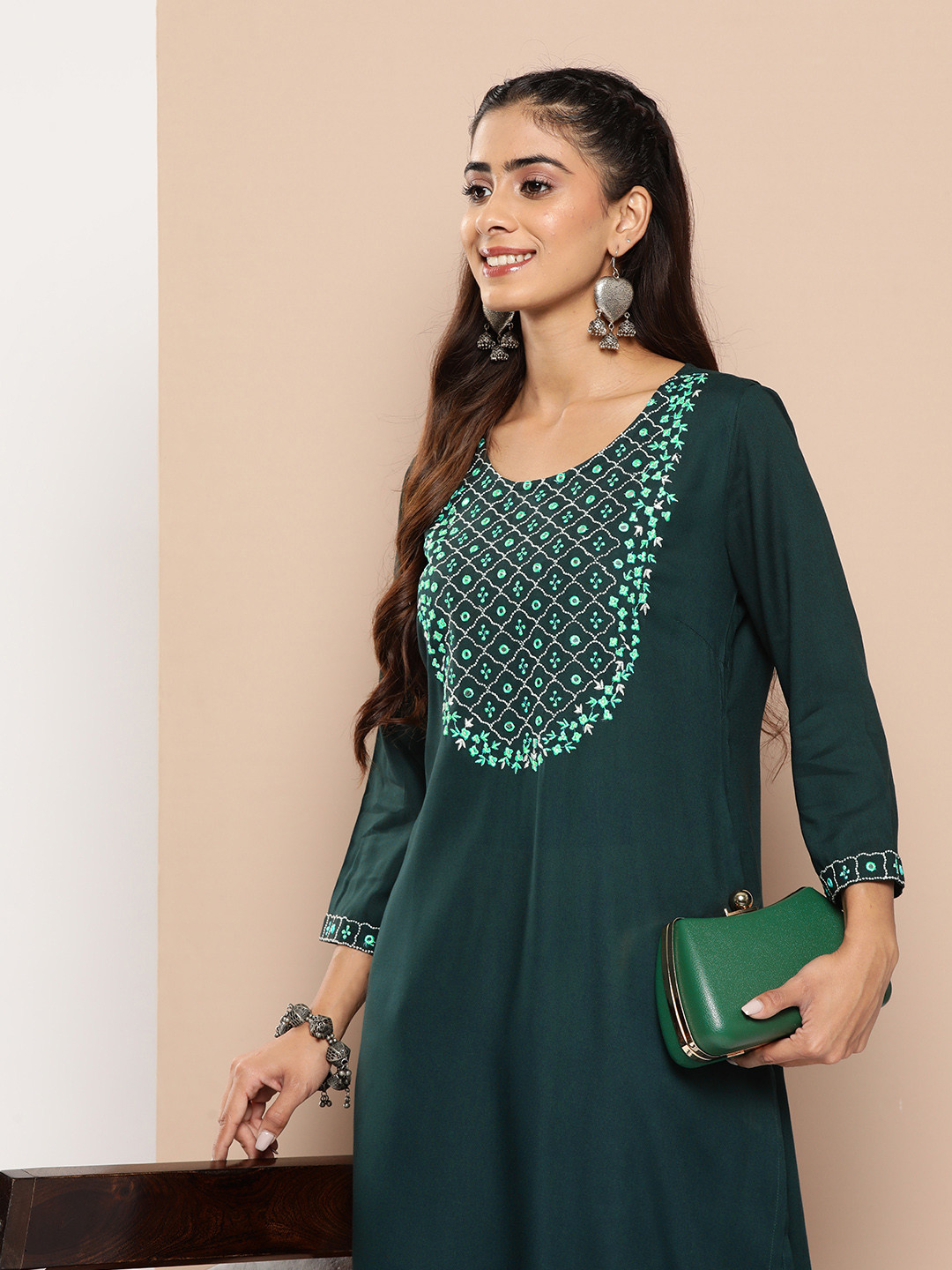 

HERE&NOW Women Ethnic Motifs Embroidered Mirror Work Kurta, Green