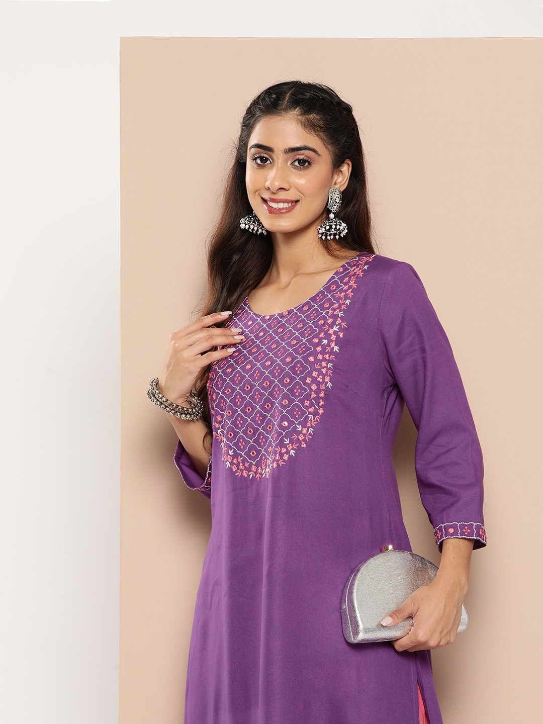 

HERE&NOW Women Ethnic Motifs Embroidered Mirror Work Kurta, Purple