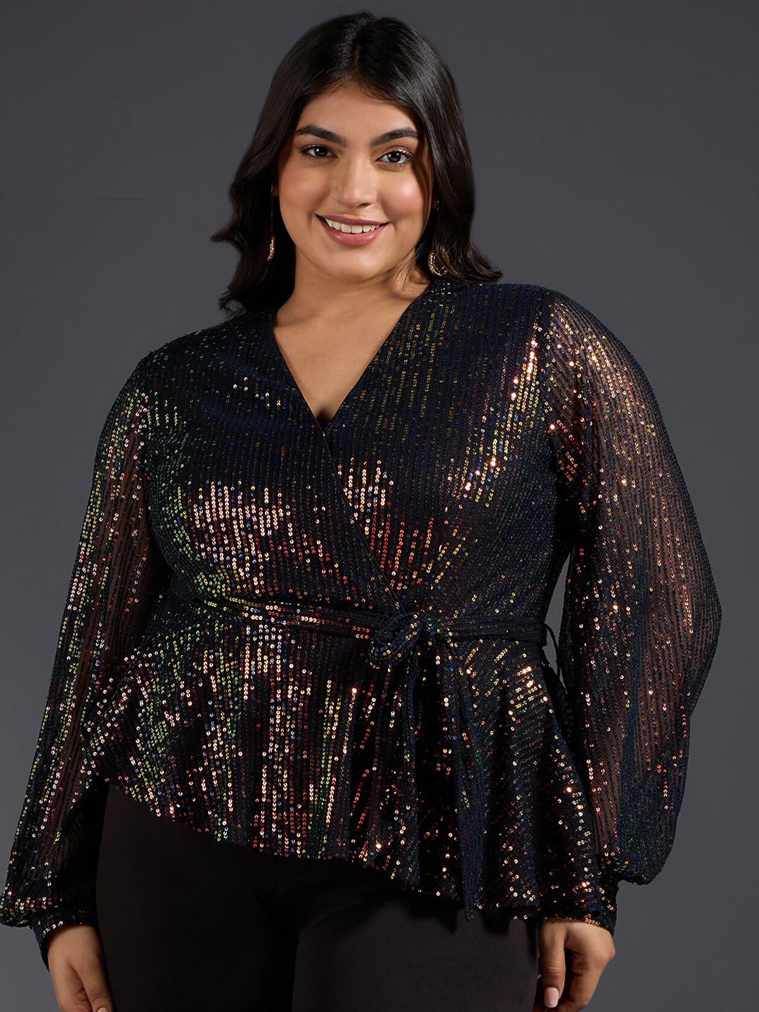 

20Dresses Plus Size Black Embellished V-Neck Tie-Ups Cinched Waist Top
