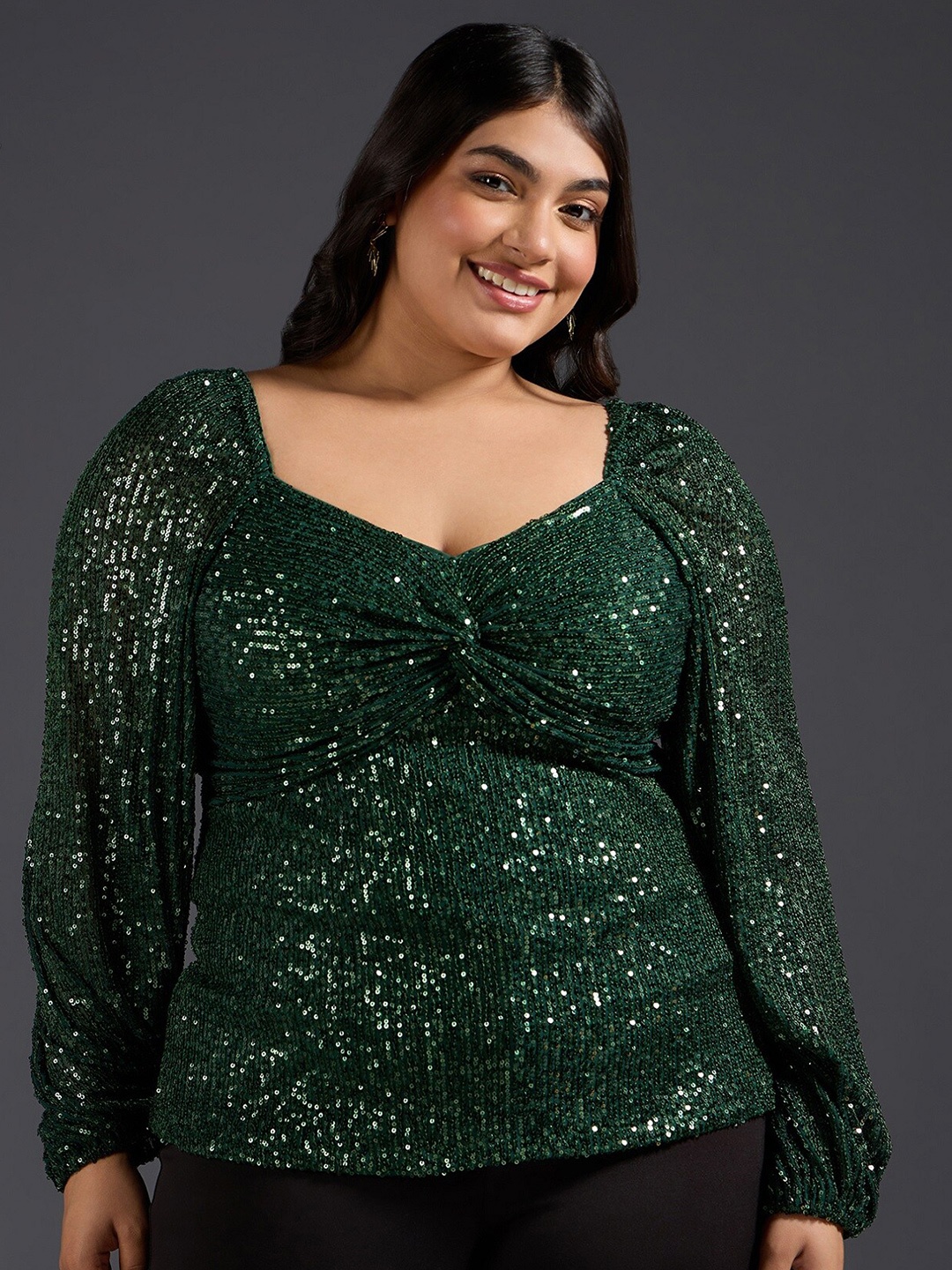 

20Dresses Plus Size Green Embellished Sweetheart Neck Twisted Puff Sleeve Empire Top