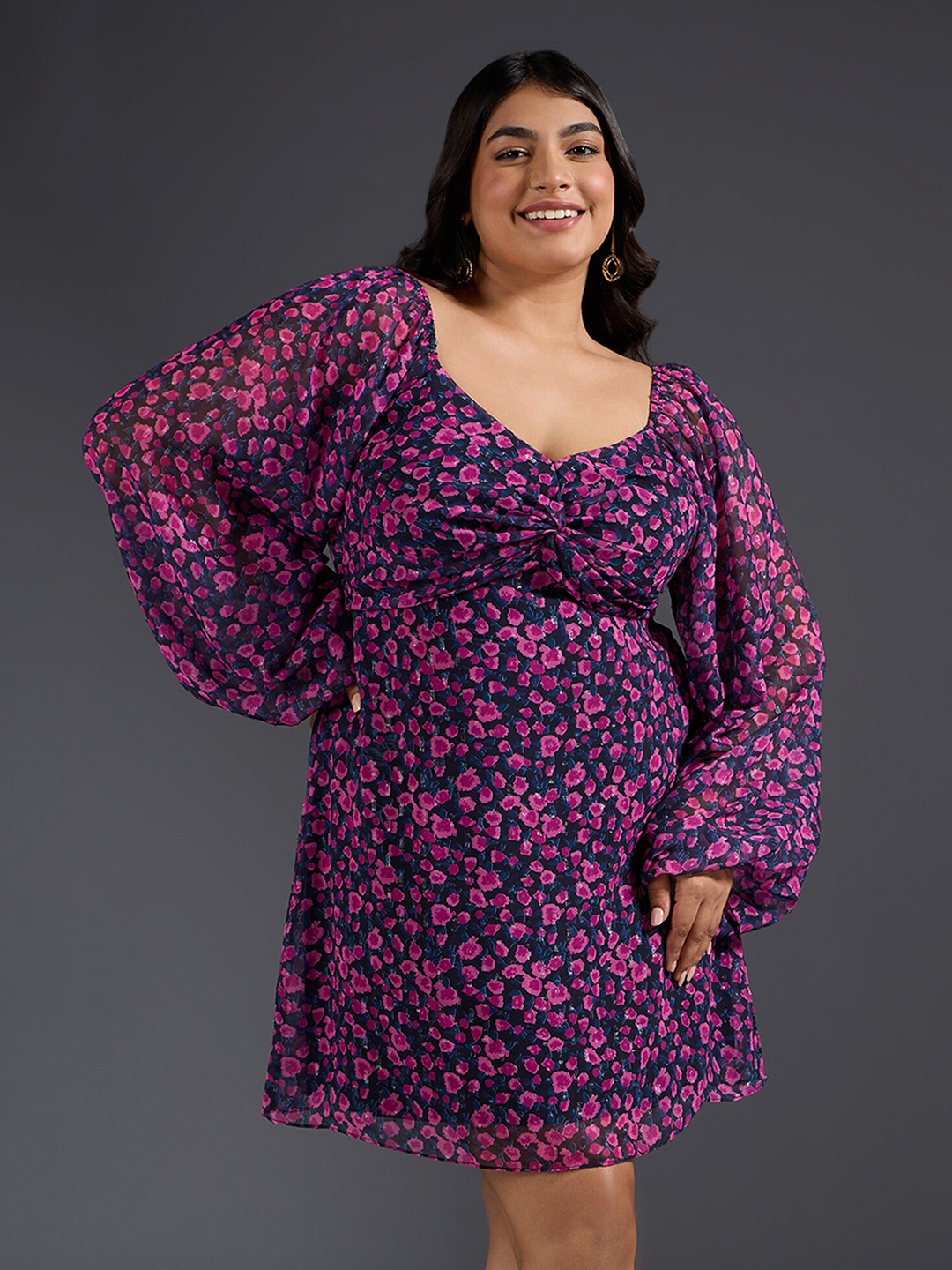 

20Dresses Pink Plus Size Floral Printed Puff Sleeves Georgette A-Line Dress