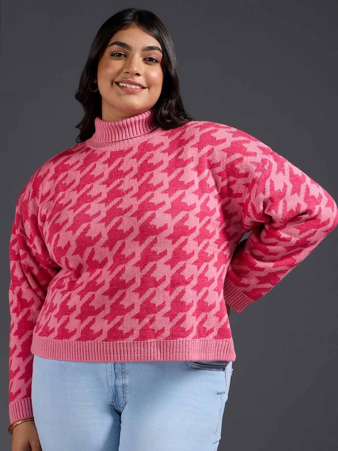 

20Dresses Plus Size Pink Geometric Printed Turtle Neck Acrylic Pullover Sweater