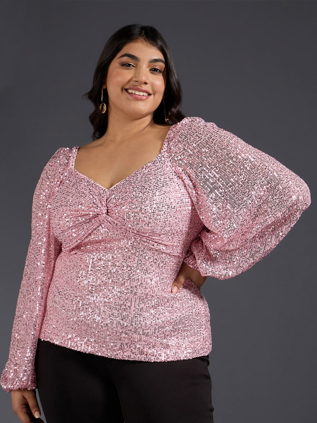 

20Dresses Plus Size Pink Embellished Sweetheart Neck Twisted Puff Sleeve Empire Top