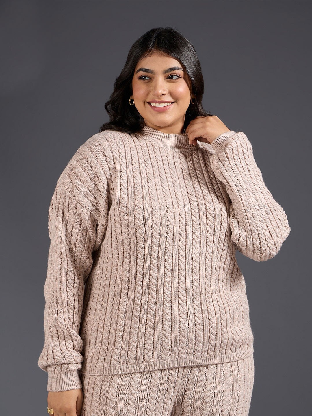 

20Dresses Plus Size Beige Cable Knit Round Neck Acrylic Pullover Sweater