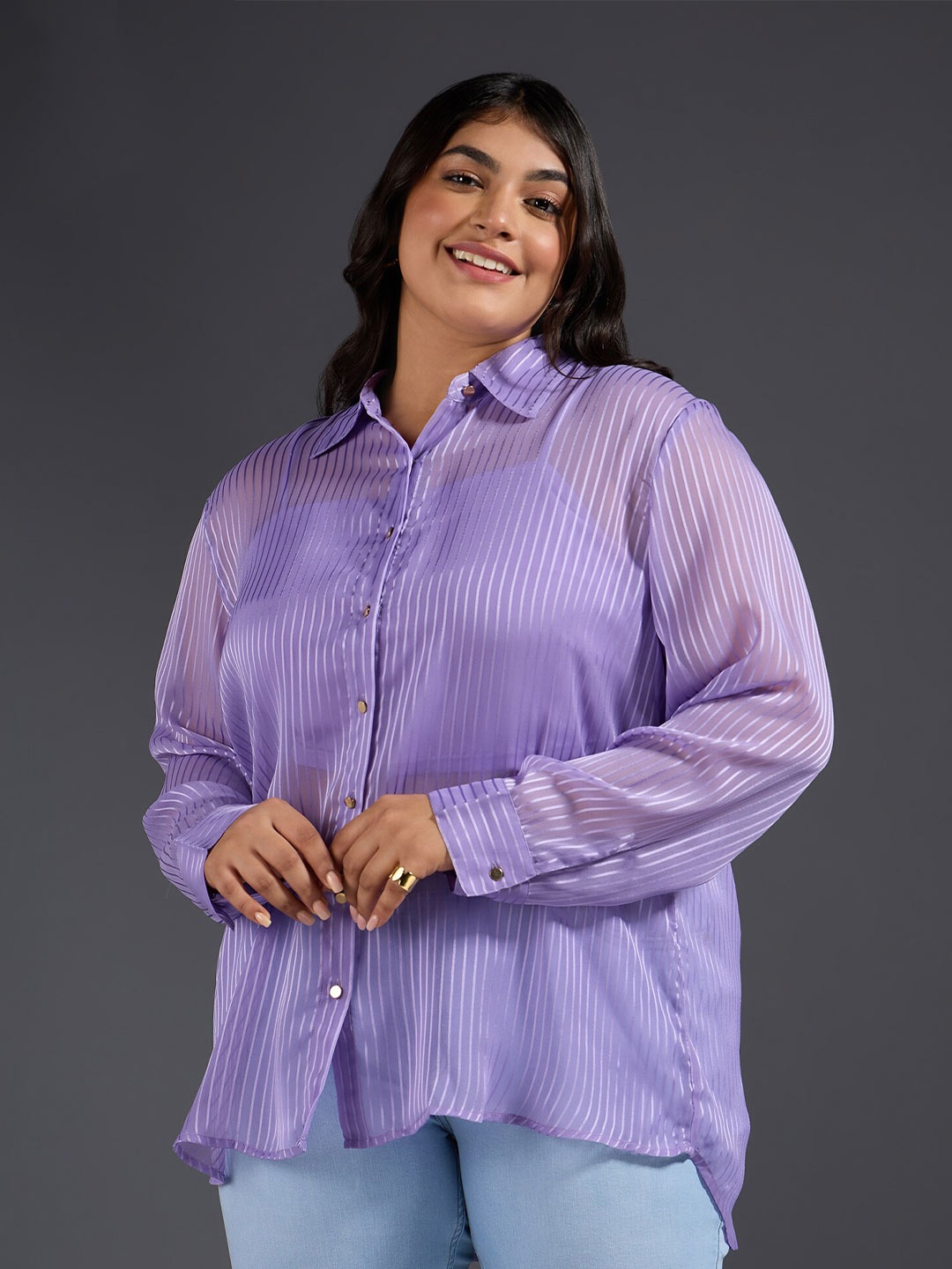 

20Dresses Plus Size Striped Classic Semi Sheer Casual Shirt, Lavender