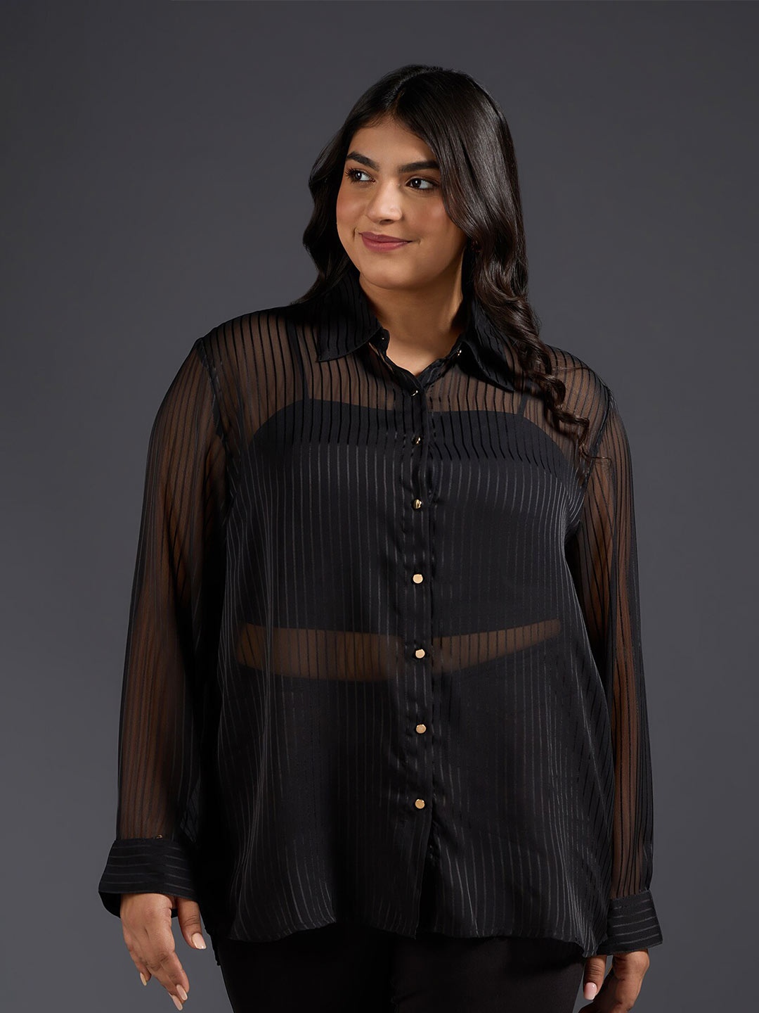 

20Dresses Black Plus Size Striped Sheer Chiffon Casual Shirt