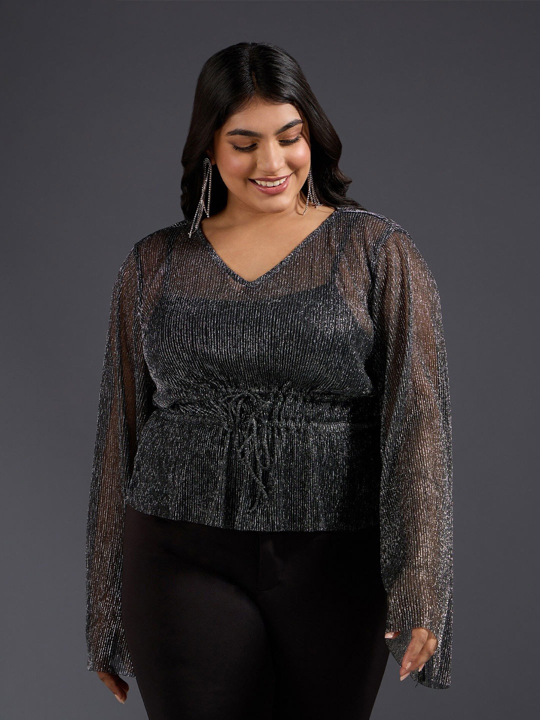 

20Dresses Plus Size Black Embellished V-Neck Flared Sleeves Tie-Ups Cinched Waist Top