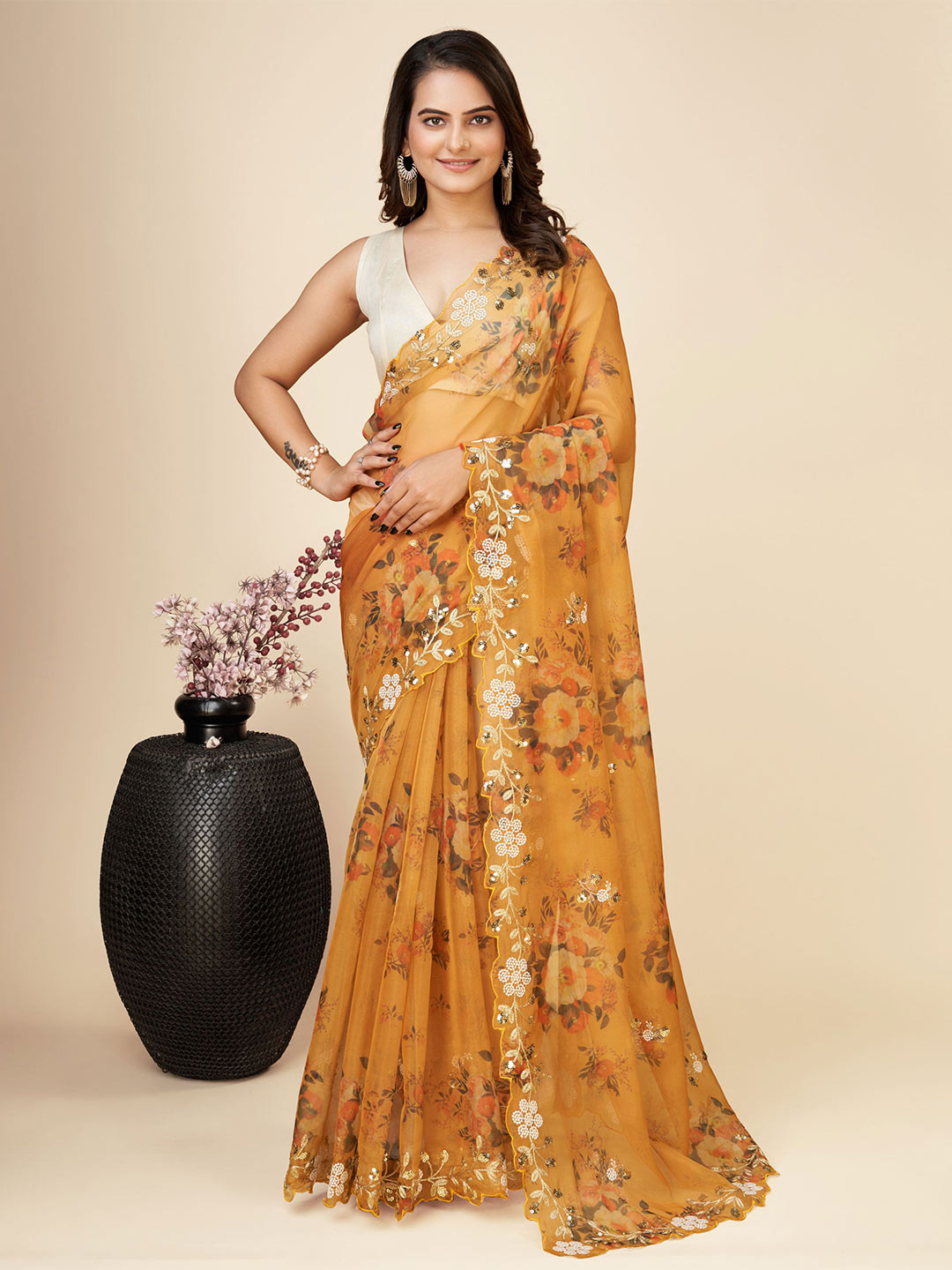 

VAIRAGEE Floral Embroidered Organza Saree, Orange