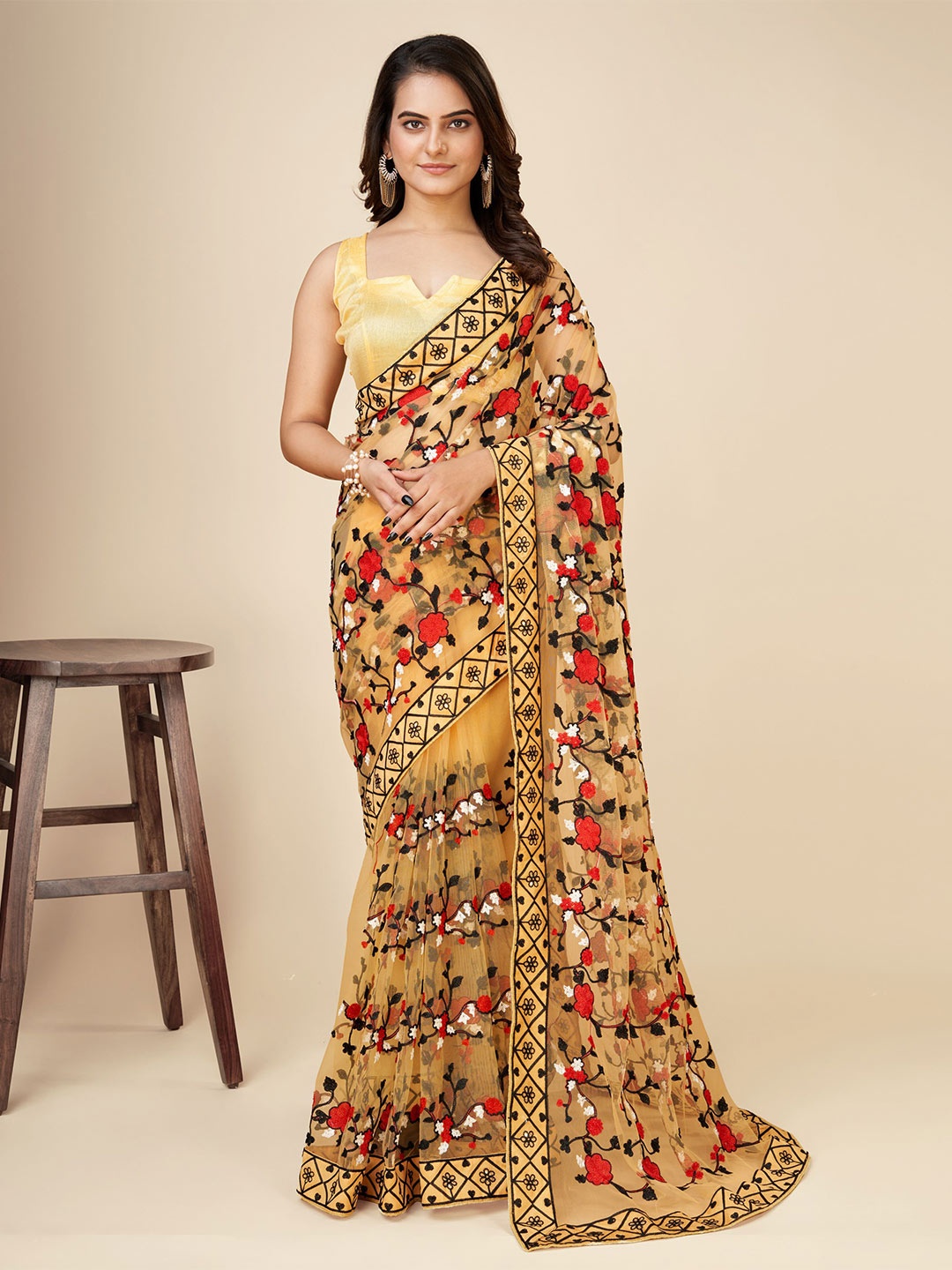 

VAIRAGEE Floral Embroidered Organza Saree, Mustard