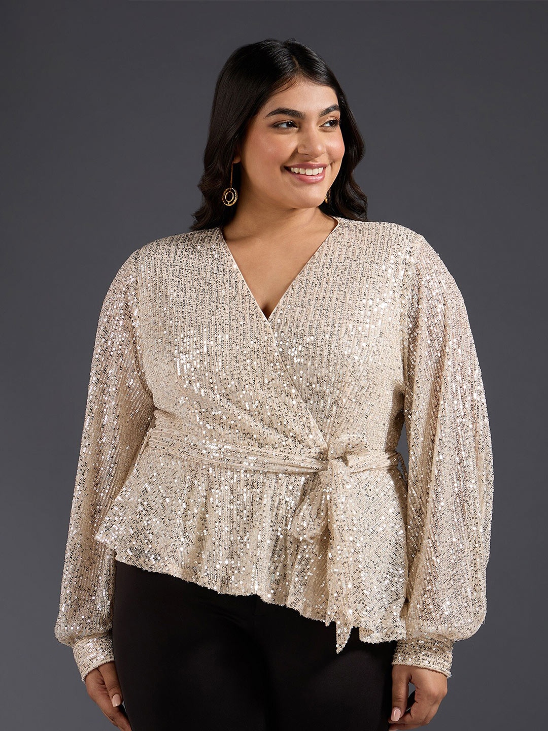 

20Dresses Plus Size Cream-Coloured Embellished V-Neck Tie-Ups Cinched Waist Top