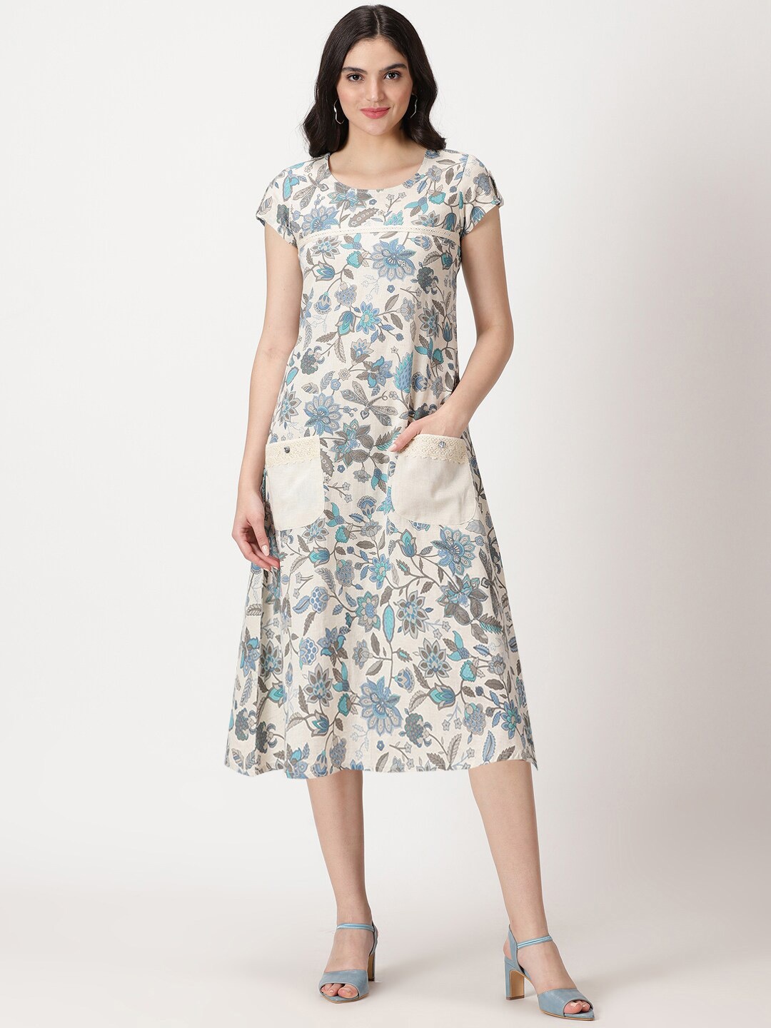 

Saffron Threads Ethnic Floral Print Midi Dress with Patch Pockets, Off white